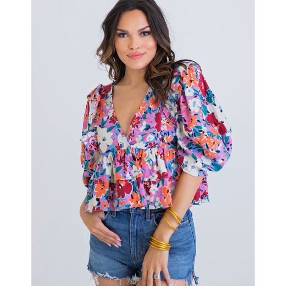 KARLIE Linen Floral V Neck Ruffle Top Pink Half Sleeve Casual Womens Medium - Picture 7 of 8